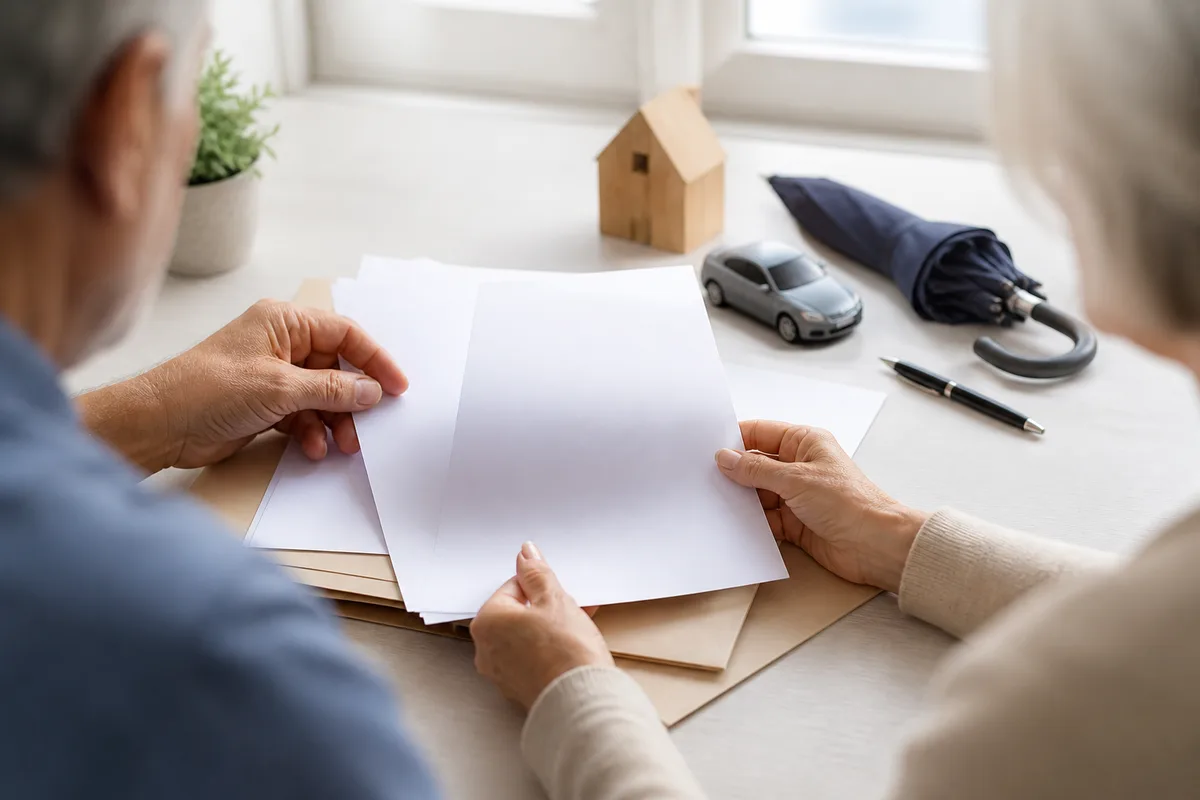 Couple de retraités examinant des documents de complémentaire santé